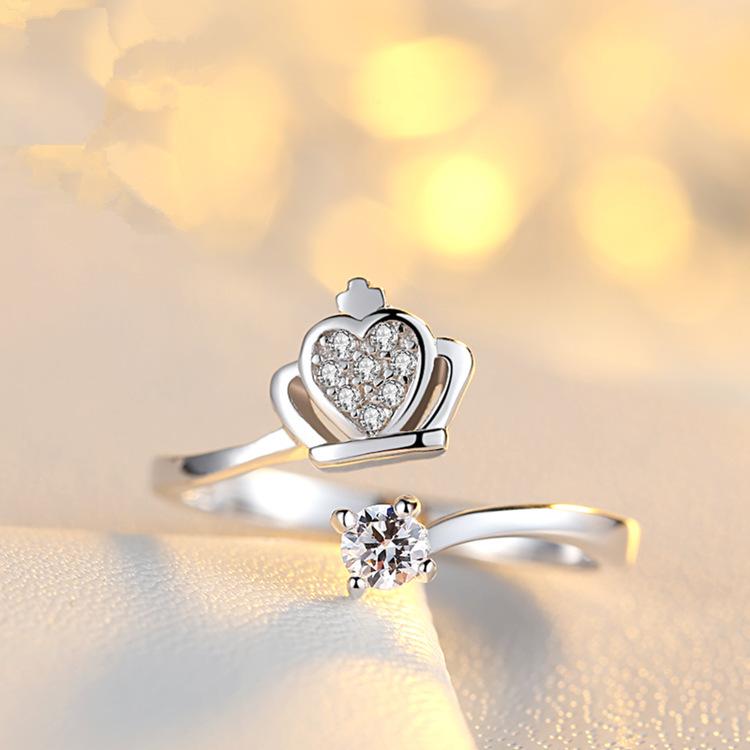 Trend ins fashion high-end Japanese and Korean zircon opening adjustable crown ring women s simple jewelry 2026 Resizable   серебряный