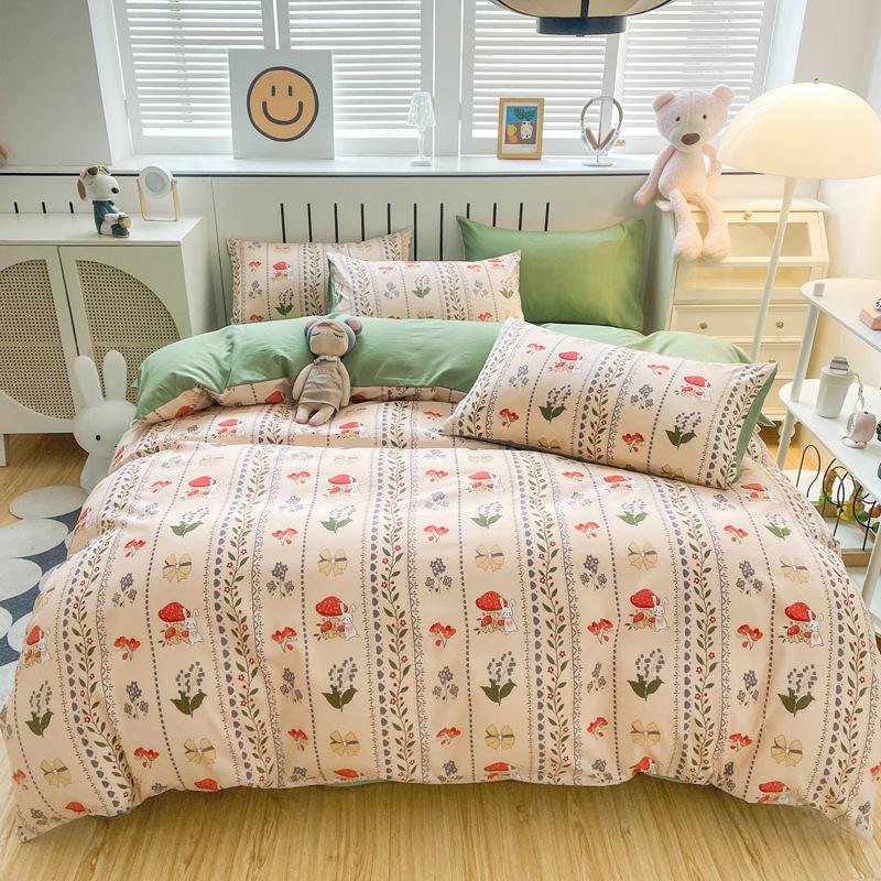 Four-piece Set of Floral Bed, Washed Quilt Set, Single Dormitory Three-piece Set
