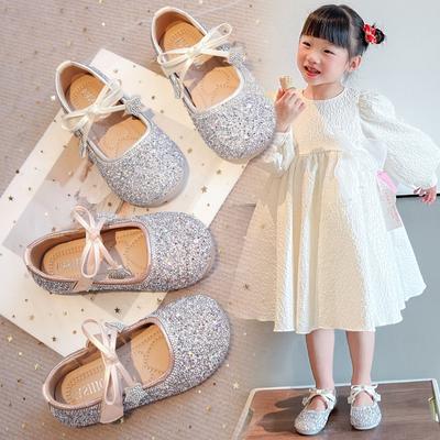 Girls' Sparkling Princess Shoes for Performances2026Spring and Summer Star Rhinestone Bow Small Leather Shoes