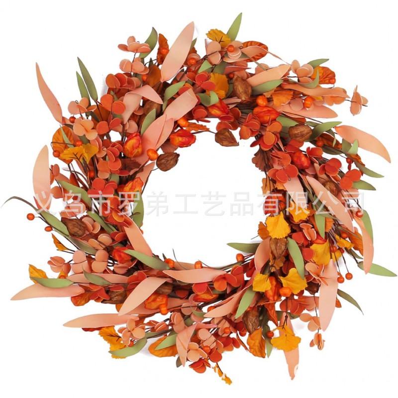 Harvest Wreath With Pumpkins Berries Vine Circle Halloween Thanksgiving Door Decor