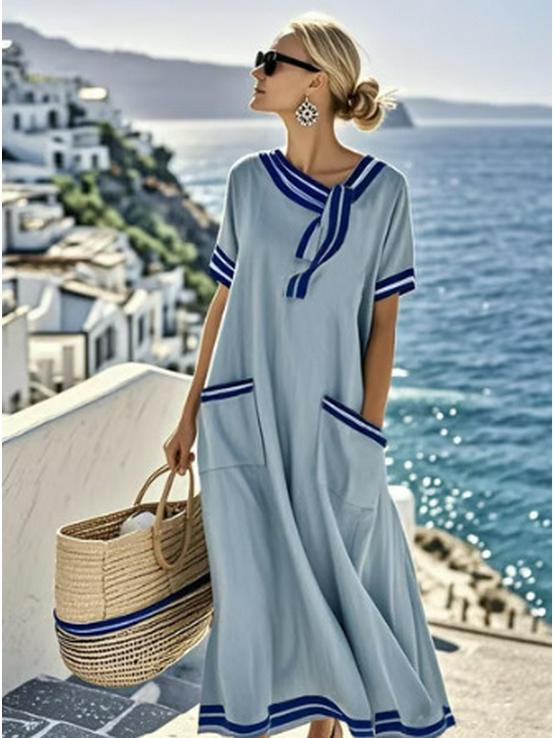 Temperament Bow Pocket Short Sleeve Loose Maxi Dress