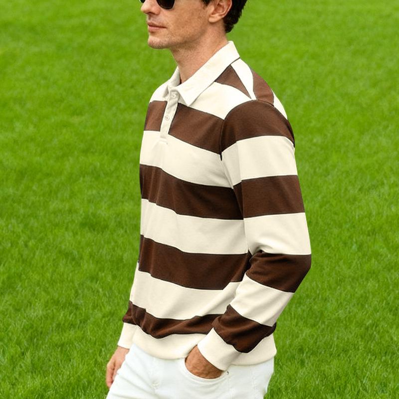 New Men's Long-Sleeved Polo Shirt: Relaxed Fit, Lightweight, Mature-Style Striped Casual T-Shirt