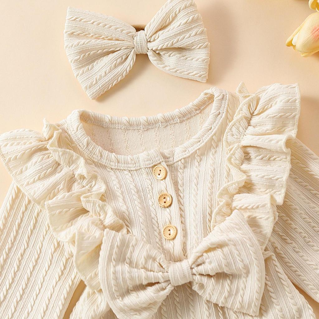E2302A Toddler Girls' Princess Bow Romper with Headband - Sweet Long Sleeve Two-Piece Outfit