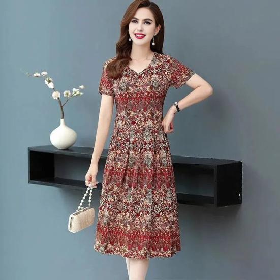 Vintage Floral Print Midi Dress for Women Short Sleeve Smocked Waist A-Line