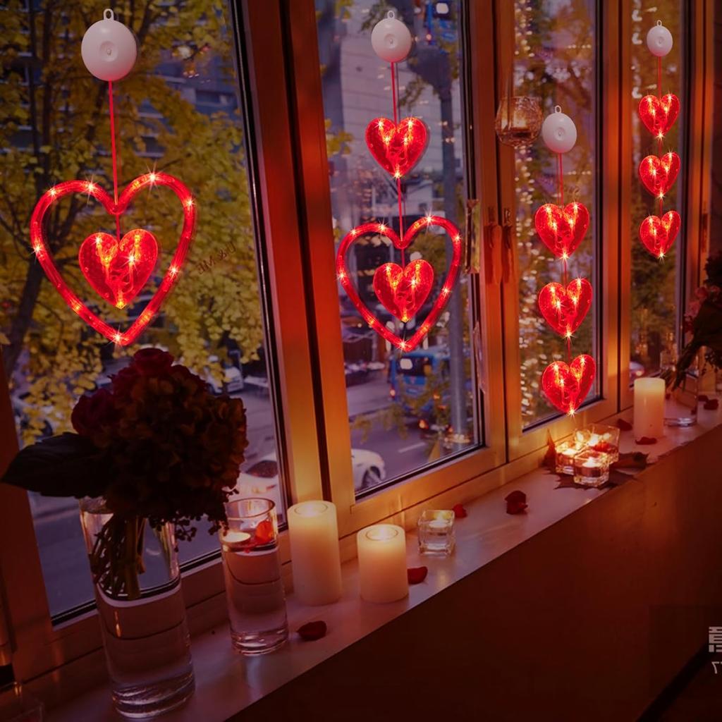 Homeleo 3-Pack Red Heart Window Lights for Valentine's Day Decor, Romantic Heart Shaped Hanging Lights w/Suction Cup for Wedding Anniversary Party