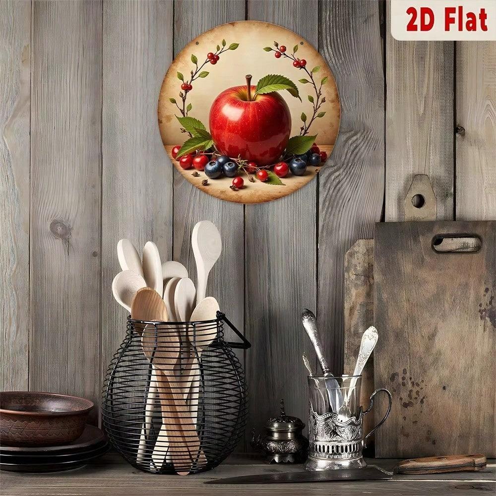 Round Metal Wall Art Apple and Berry Still Life Vintage Kitchen Poster