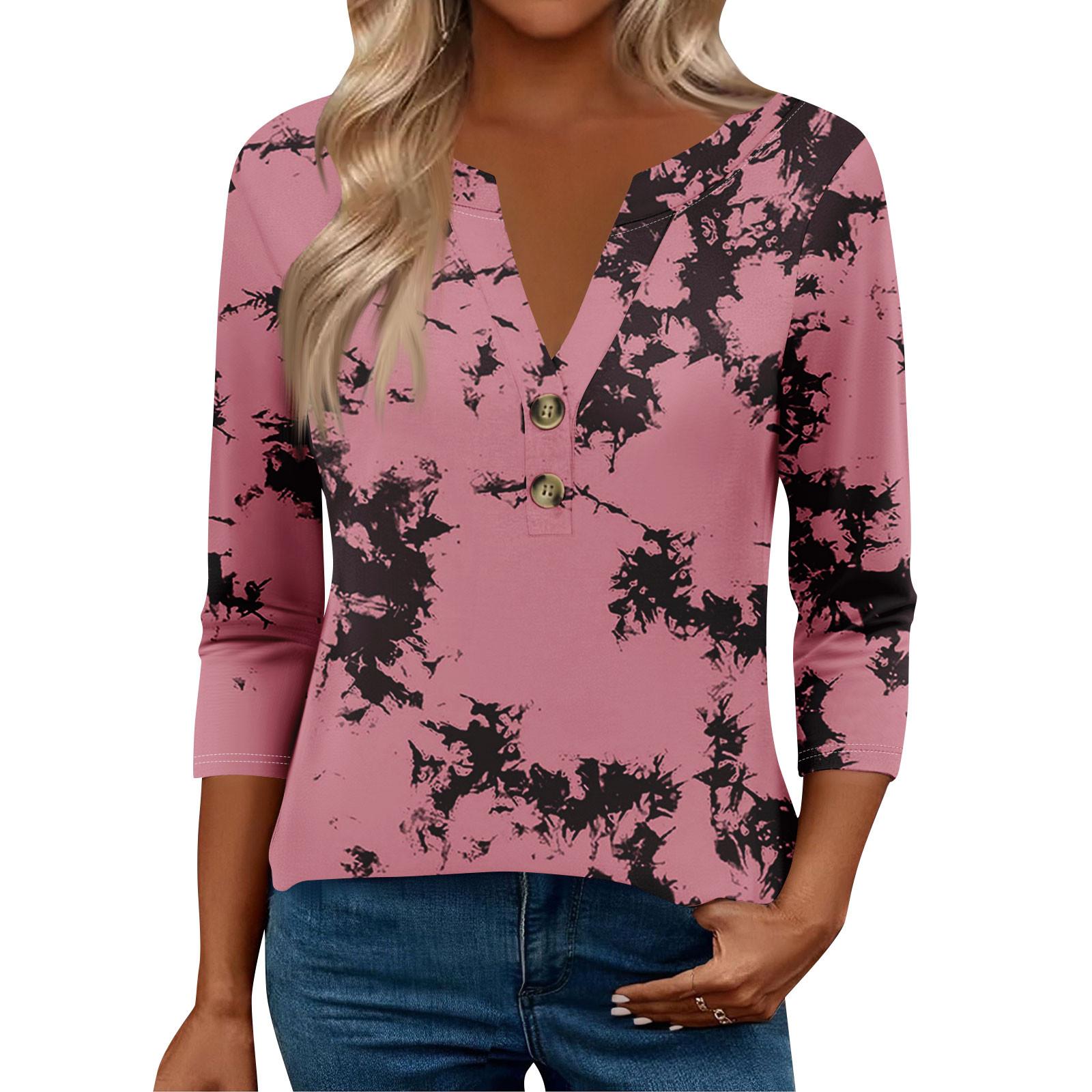 

Женские топы с рукавом 3/4 для женщин, топы хенли на пуговицах с V-образным вырезом, нарядные летние женские топы свободного кроя XL арбуз красный