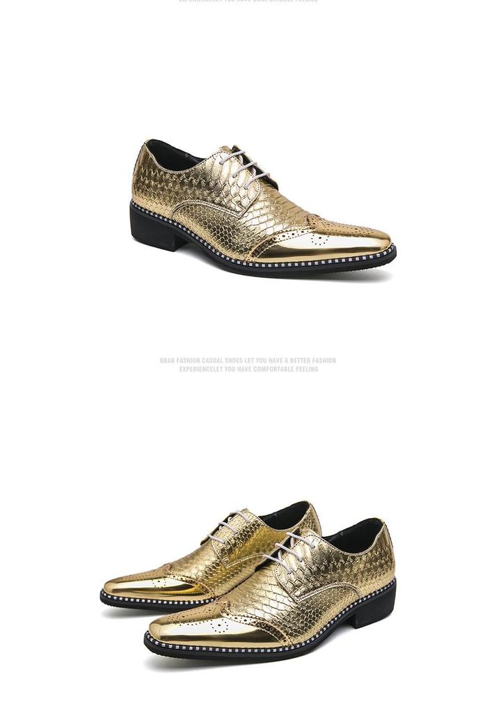 Golden Glossy Business Brogue Leather Shoes - European & American Style, Large Size Lace-up Derby Shoes