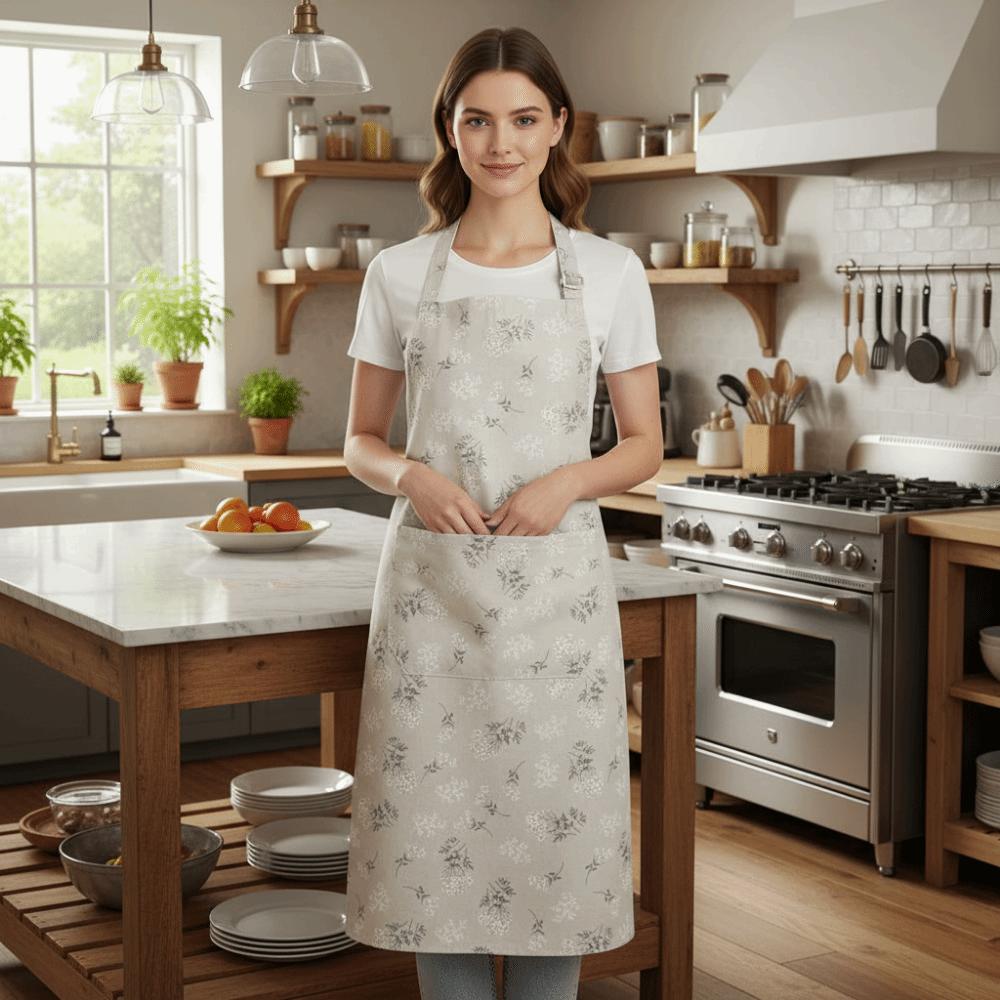 Floral Printed Kitchen Cooking Apron Anti-fouling with Pocket Florist Apron Adjustable Cotton Linen Gardening Work Uniform
