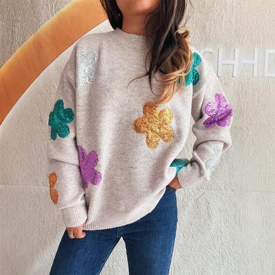 Sueter Mujer 2025 New Knitted Sweater Round Neck Color Blocked Glitter Flower Women's Sweater Casual Hoodie CR4396