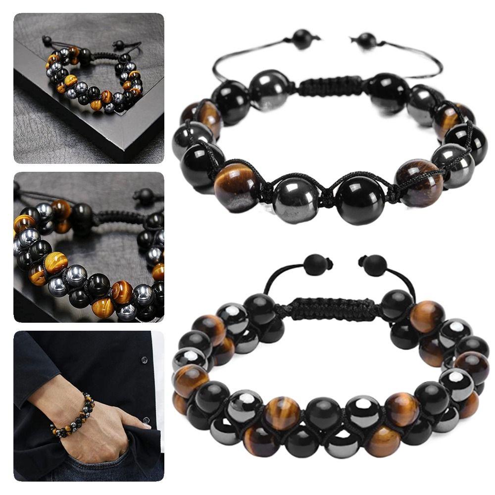 

Браслеты для снятия стресса, используемые регулируемые двухрядные бусины, браслет из натурального камня, черный обсидиан