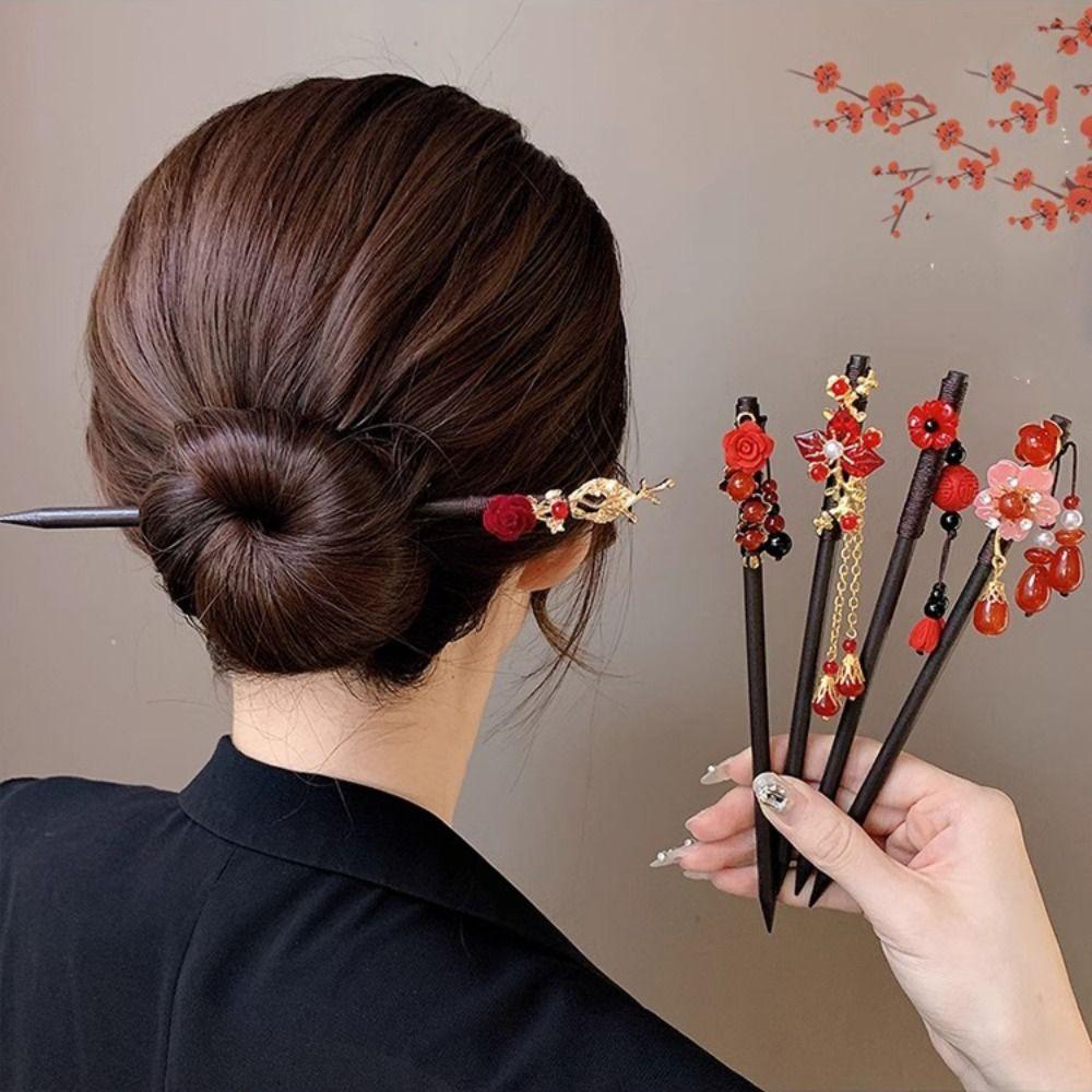 Red Hanfu Hairpin Tassel Wooden Hair Stick Classical   Hanfu Accessories