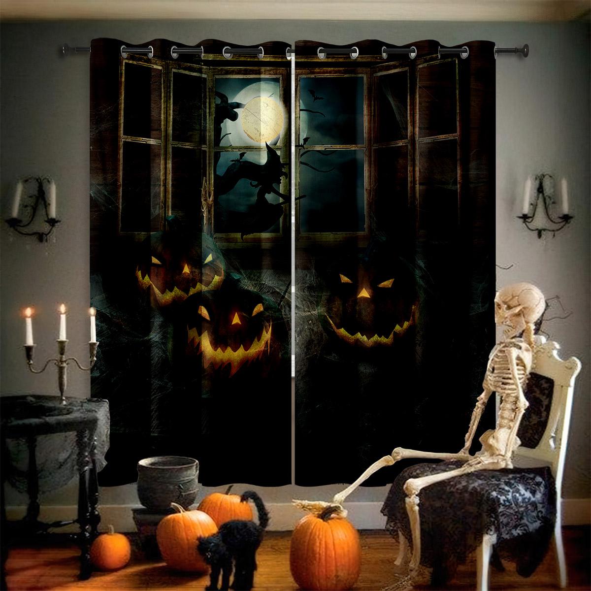 

Bat Pumpkin Horror Cartoon Style Pattern Curtain Restaurant Halloween Theme Gathering Decorative Piece Curtain Gift Home Decorative Piece W50xH140(CM)x2PCS&Rod pocket