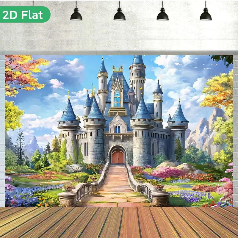 1 Piece of 2D Flat Banner Background Fabric Fairy Tale Castle Birthday Banner Polyester Material Photo Hanging Fabric