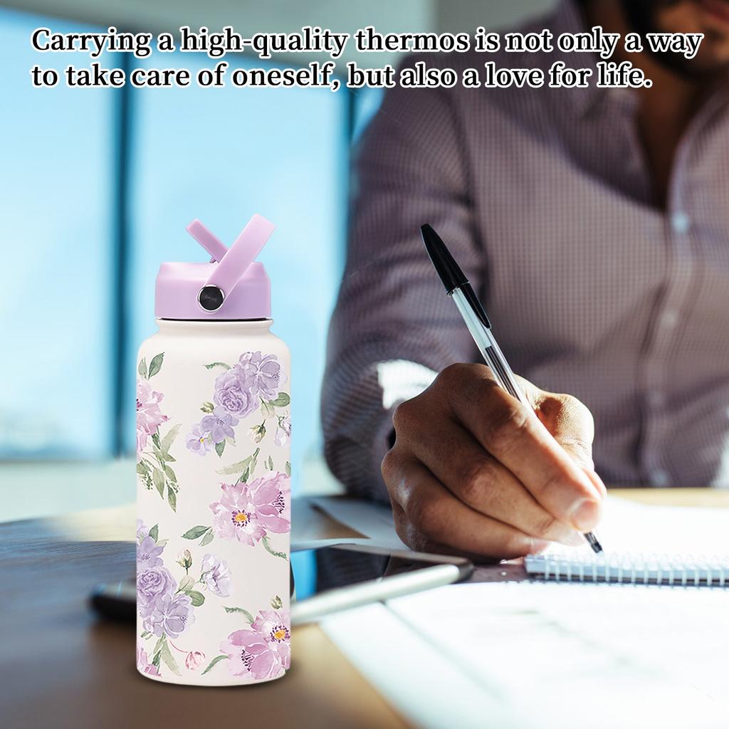 Sports Kettle Stainless Steel 1L Large Capacity Printed Large Mouth Insulated Cup Portable Handle Straw Water Cup