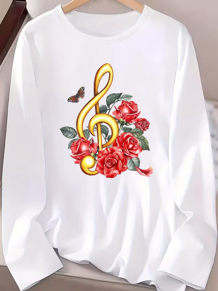 (Asian Size) Trend Butterfly Cute Tee Print T Shirt Women Clothing Autumn Winter Spring Casual Fashion Top O-neck Graphic Long Sleeve T-shirts