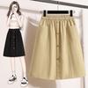 DIMANAF 2025 Plus Size Summer Elastic Skirts Women Buttons Fashion Loose A-Line Skirt High Waist Vintage Maxi