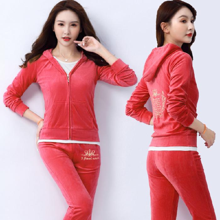 Women's Gold Velvet Embroidered Sports Suit - 2022 Spring/Autumn New Style Casual Two-Piece for Running