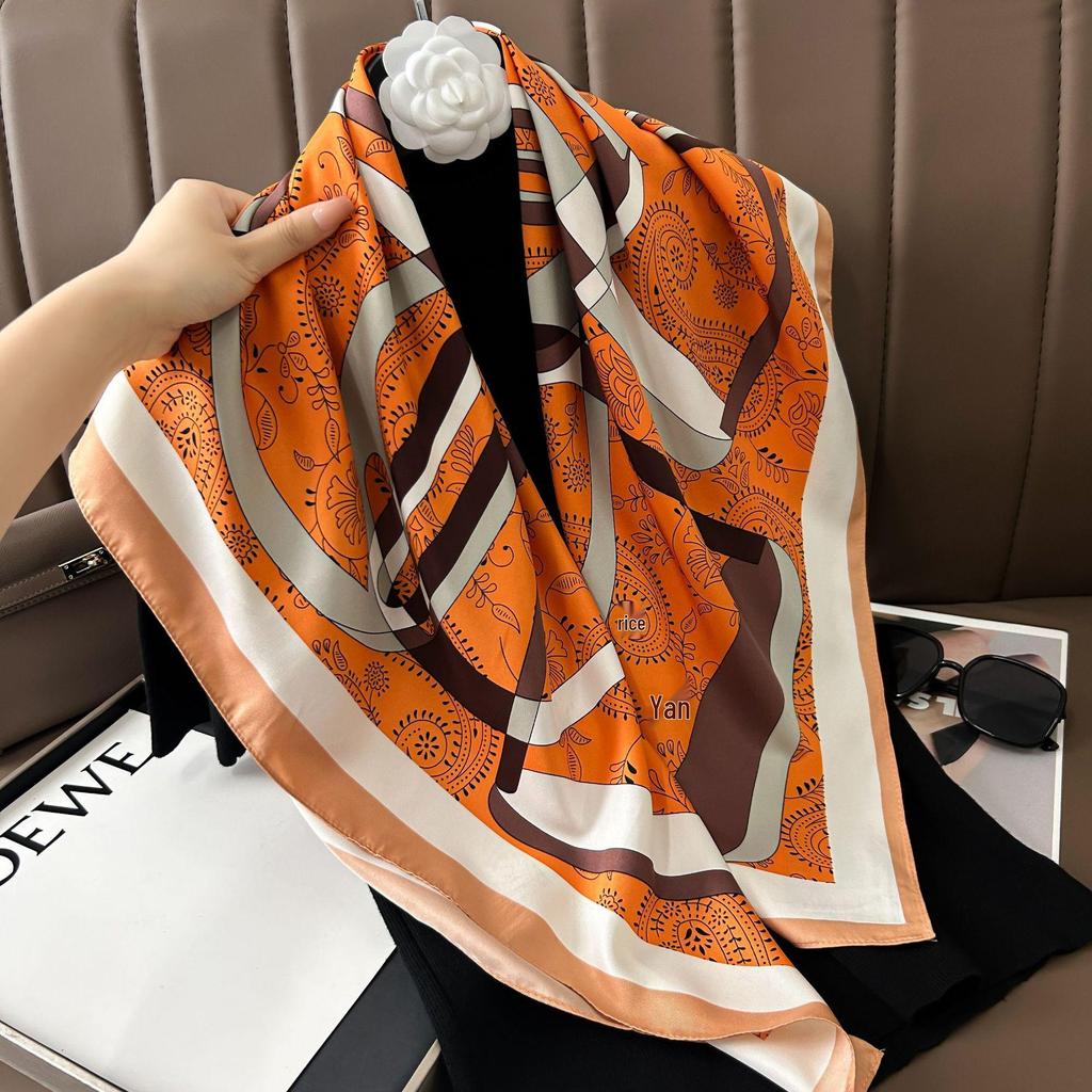 Silk Neckerchief: 90x90 Large Chic Square Scarf for Women - Perfect for Spring, Autumn, Winter Fashion