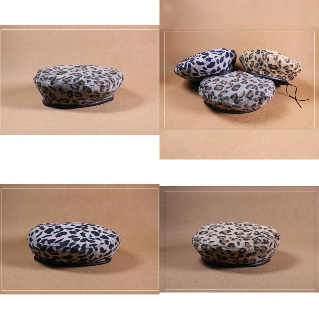 Women Vintage Leopard Print Wool Soft Winter Warm Beret Classic Beanie Hat
