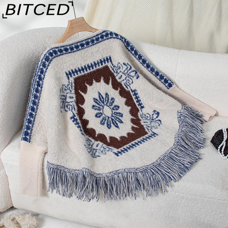 

BITCED Винтажный этнический свитер-пончо с открытыми плечами, шаль для женщин, свободный крой, длинный рукав, вязаный кейп с бахромой для осени/зимы One size абрикосовый
