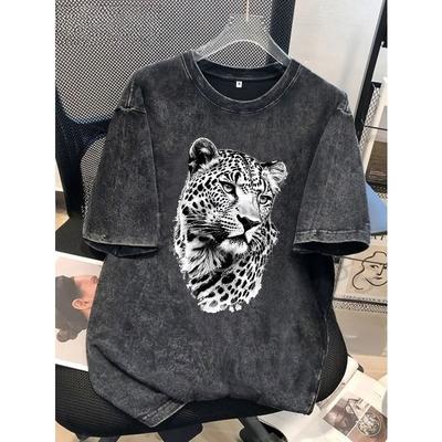 Realistic Black and White Leopard Head, Printed Men's T-shirt, High-quality Washed Cotton Fashion T-shirt, Popular Daily Wear, Easter
