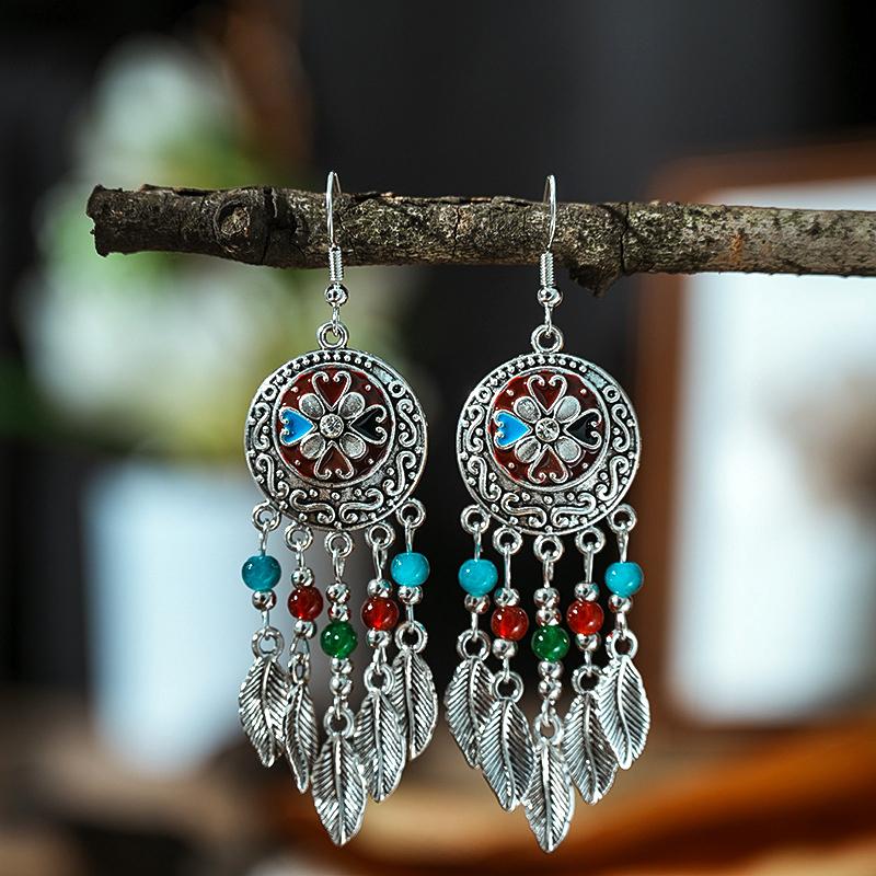 Vintage Ethnic Crystal Bead Leaf Dangle Earrings for Women Silver Color Carved Handmade Earring Female Pediente Bijoux