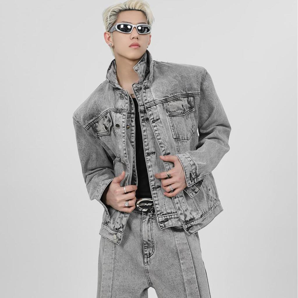 Men's Distressed Patchwork Denim Jacket with Shoulder Pads - Two-Piece Set
