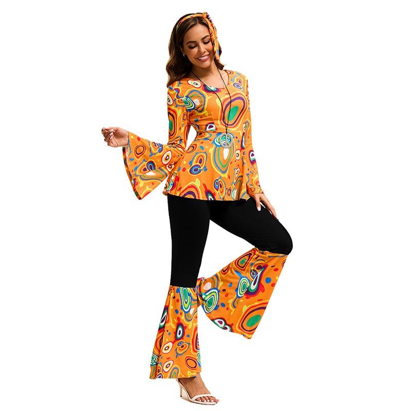 New Multi-color Printed Top, Pants Splicing Set, Including Headscarf, Disco Dance Suit Women