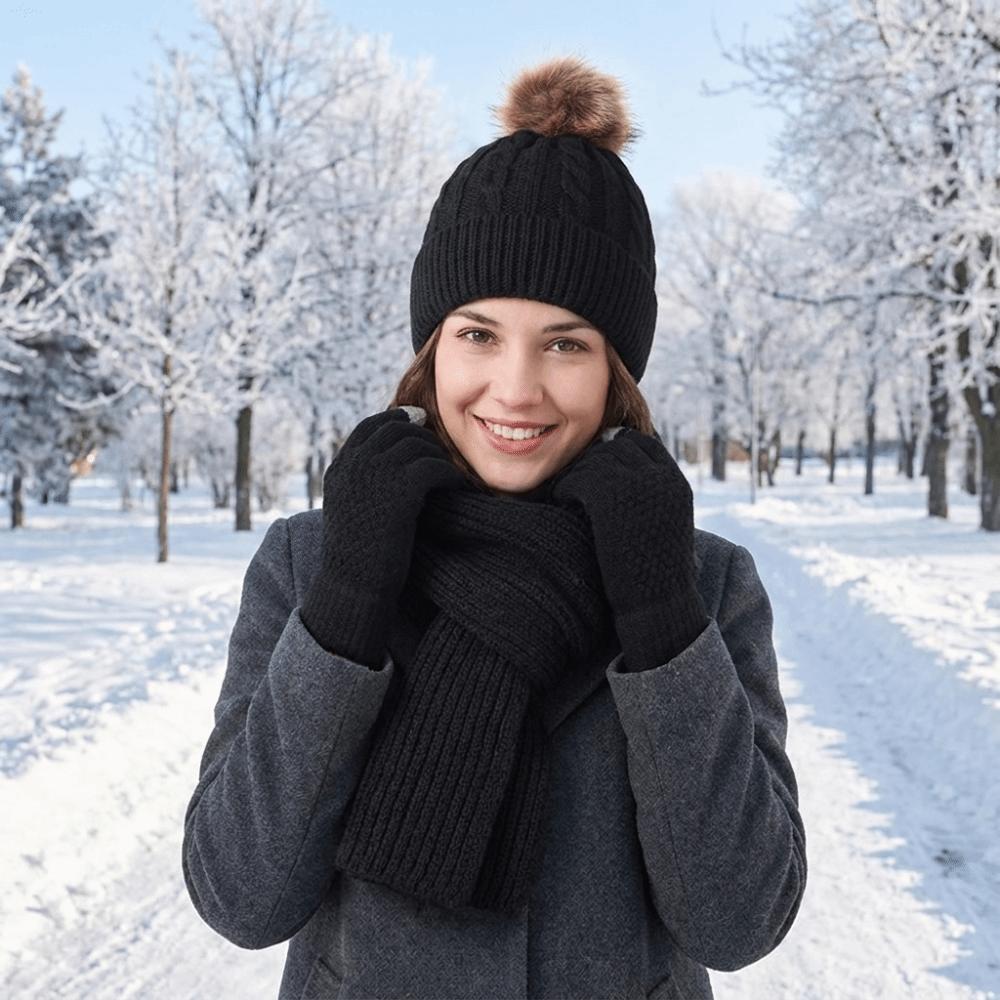 3Pcs/Set Woolen Hat Cold Proof Knitted Scarf Fashion Scarf Hat Gloves Set Cycling