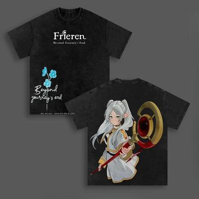Frieren: Beyond Journey's End Anime T Shirt Vintage Washed Oversized T-shirt For Men's Clothing Short Sleeve Cotton Tees Tops