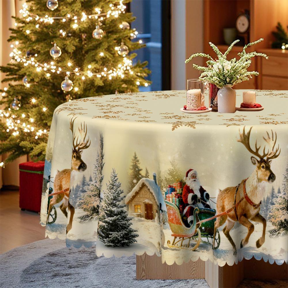 Christmas Theme Rectangle/Round Tablecloth Beige Warm Tone Santa Reindeer Snow Castle, Table Cloth