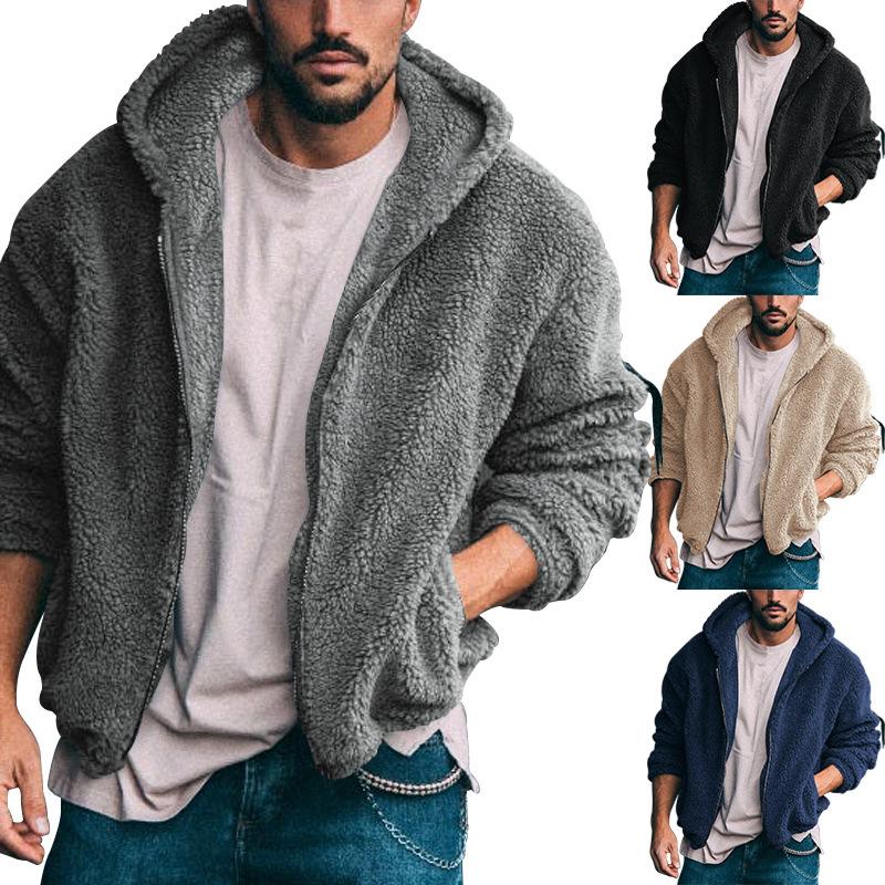 Men's Double-Sided Fleece Jacket Hooded Solid Zip-Up Coat Casual Warm Outerwear
