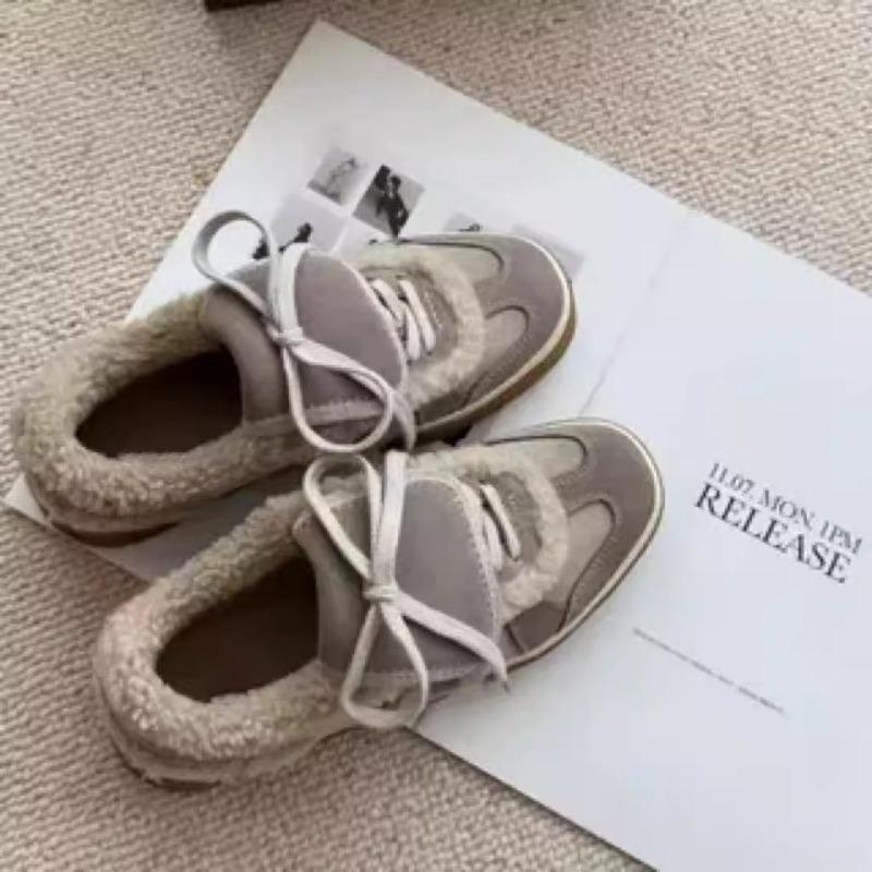 Fashion Women's Flat Sports Shoes Winter New Round Head Splicing Suede Front Lacing Anti-slip Wear-resistant Cotton Boots