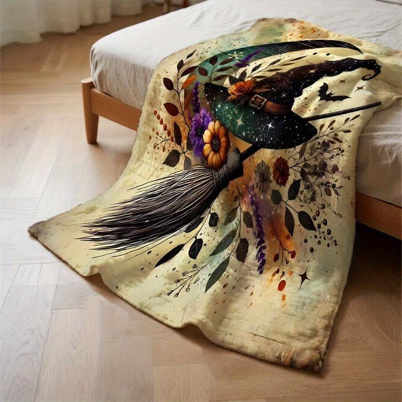 1pc Witch Hat & Broom Floral Flannel Blanket - Magical Witch Design with Autumn Colors Orange Purple Black Beige Green Brown