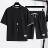 2 Pcs/Set Men Summer Tracksuit Set Casual Loose Solid Color Short Sleeves Elastic Waist Sports Drawstring Workout T-shirt Shorts Set Male Clothes
