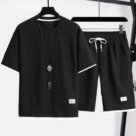 2 Pcs/Set Men Summer Tracksuit Set Casual Loose Solid Color Short Sleeves Elastic Waist Sports Drawstring Workout T-shirt Shorts Set Male Clothes