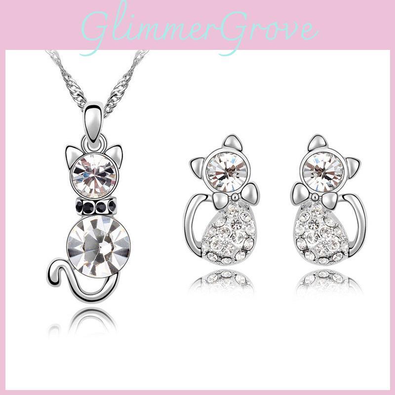 3pcs Cat Crystal Shaped Necklace Earrings Jewelry Set  Gift Teen Girls Women For