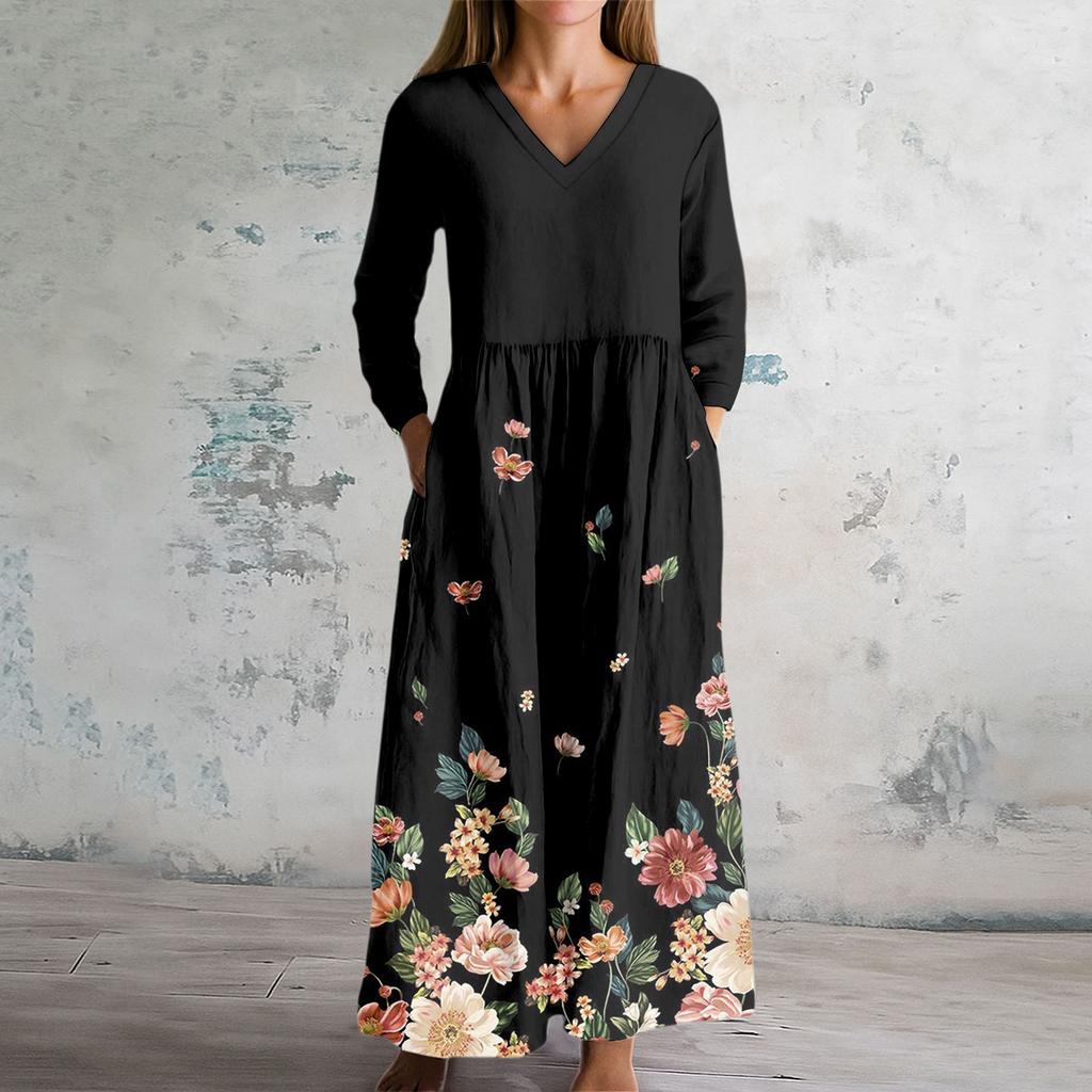 Damska Sukienka Modowa Wiosenna Sukienka z Dekoltem V i Długim Rękawem
