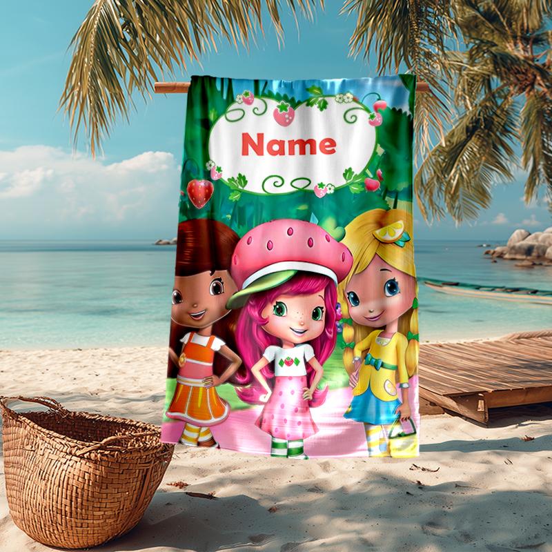 Custom Name Ultra-Soft Beach Towel with Strawberry Shortcake Theme,Ideal for Pool - Camping, Diving - Perfect Travel Essential, Vibrant Beach Towel.