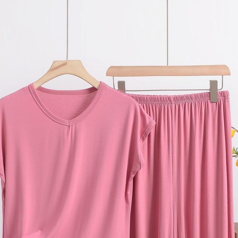 Modal V-Ausschnitt Kurzarm Caprihosen Set, Ein lockeres, übergroßes Freizeit-Zweiteiler-Set für Damen, Kann über Hauskleidung getragen werden