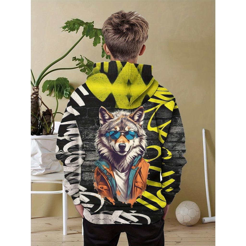 3D Digital Print Wolf Pattern Hooded Sweatshirt for Boys - Graffiti Streetwear, Spring  Autumn Casual Wear