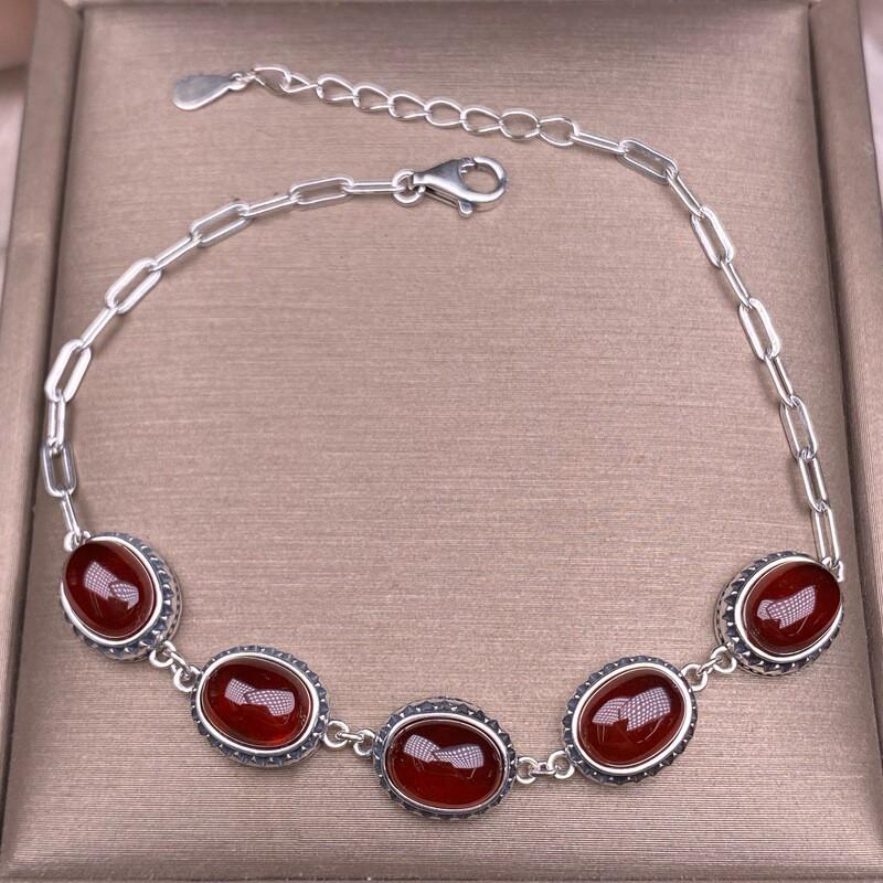 Sterling Garnet Bracelet Vintage Style Geometric Oval Design Minimalist Everyday Fashion Jewelry Women 925 Sterling Silver серебряный