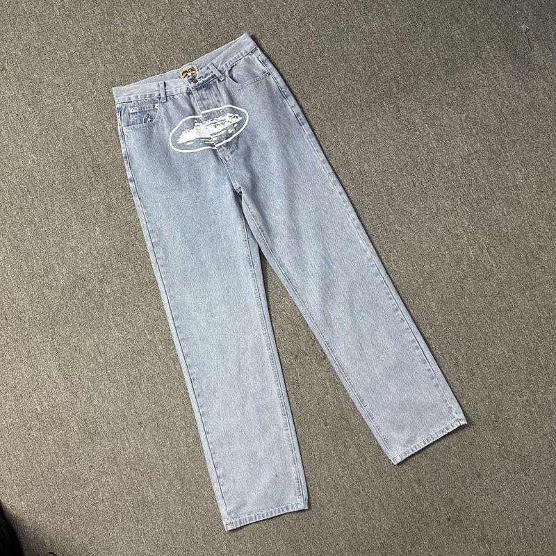 Streetwear Demon Island Print Straight Leg Washed Denim Jeans Unisex Hip Hop Casual Pants