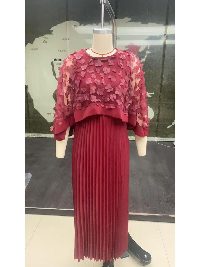 Women's Elegant 3D Floral Mesh Patchwork A-Line Dress with Pleated Skirt