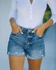 Women's Dark Blue Washed Denim Mid-Waist Shorts - Straight Fit, Cotton, Casual Style, 2021.