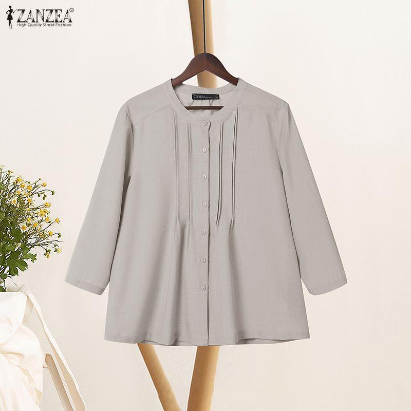 ZANZEA Women Casual Round Neck 3/4 Sleeve Loose Blouse