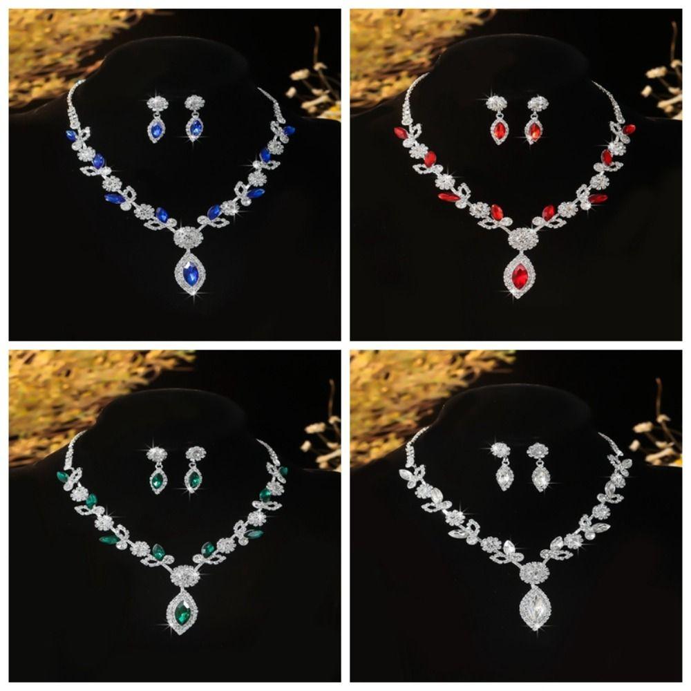 Rhombus Necklace Earrings Three-piece Set Fringed Luxury Rhinestone Jewelry Wedding