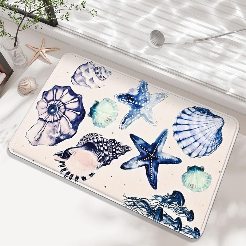 Starfish Shell Design Bath Mat Soft Faux Cashmere Absorbent Floor Mat Non Slip Bathroom Mat Home Entrance Mat