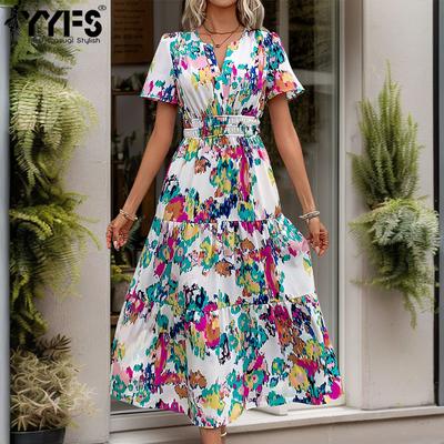 Women's Fashion Summer Spring Colour Block Print Short Sleeve V-Neck High Waist Casual Dresses